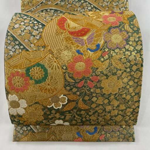 袋帯 秀品 振袖向き 糸巻 桜 金糸 箔 金色 六通 正絹 【中古】 袋帯 秀品 振袖向き 糸巻 桜 金糸 箔 金色 六通 正絹 【中古】