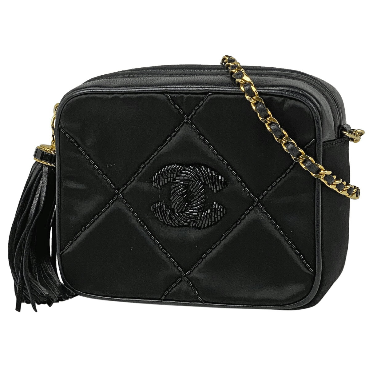 【ポイント10倍】シャネル CHANEL ココマーク フリンジ チェーン ショルダーバッグ CCマーク タッセル ショルダーバッグ ファブリック ブラック レディース 【中古】