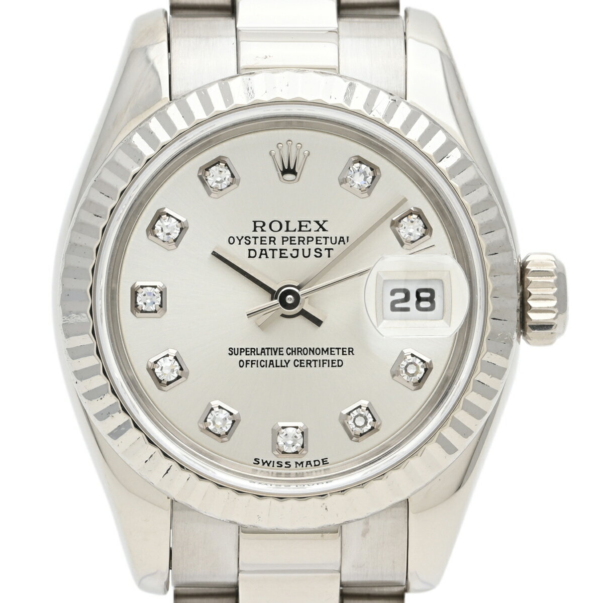 【ラッピング可】 ロレックス ROLEX デイトジャスト 10Pダイヤ クロノメーター 179179G 腕時計 WG ダイヤモンド 自動巻き シルバー レディース 【中古】