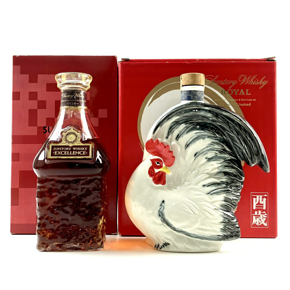 【東京都内限定発送】 2本 サントリー SUNTORY エクセレンス ローヤル 干支陶器ボトル 酉 1993 ウイスキー セット 【中古】