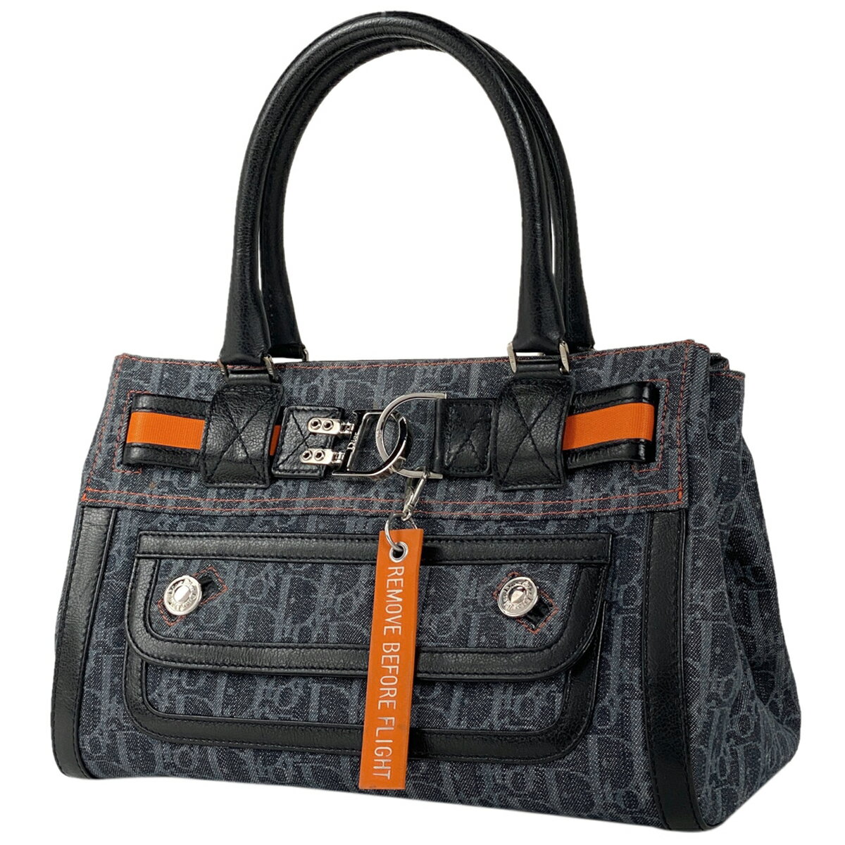 8%OFF クリスチャンディオール Christian Dior トロッター柄 フライト ハンドバッグ デニム ハンドバッグ キャンバス ネイビー ブラック オレンジ レディース 【中古】 msp29のサムネイル