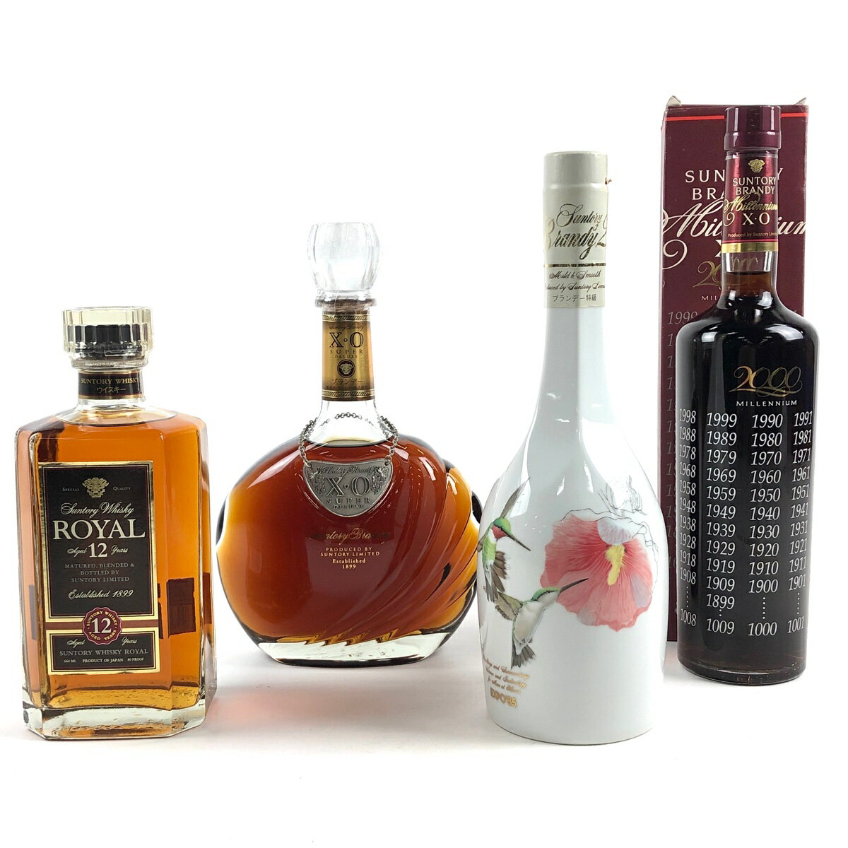 【東京都内限定発送】 4本 サントリー SUNTORY ローヤル スリムボトル12年 XO スーパーデラックス つくば科学万博 EXPO'85 陶器 XO ミレニアム 2000 ブランデー ウイスキー セット 【中古】