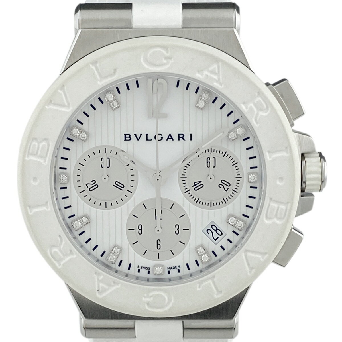 24％OFF 【ラッピング可】 ブルガリ BVLGARI ディアゴノ クロノグラフ DG40SCH 腕時計 SS ラバー ダイヤモンド 自動巻き ホワイト メンズ 【中古】 msp29