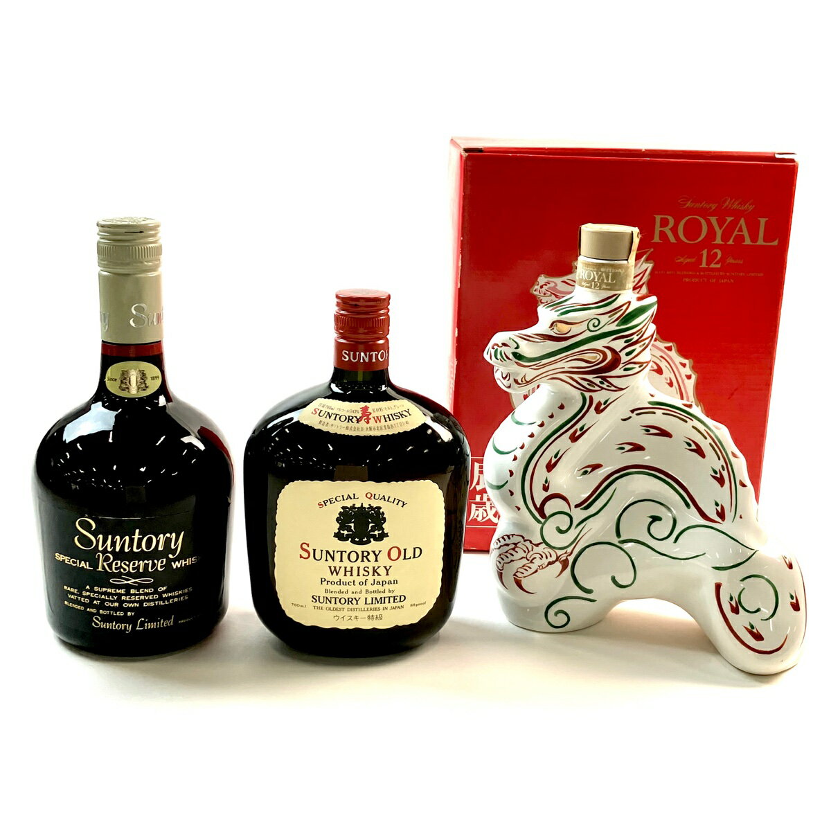 【東京都内限定発送】 3本 サントリー SUNTORY スペシャルリザーブ オールド 寿 ローヤル 12年 干支ボトル 辰 2000年 陶器 ウイスキー セット 【中古】