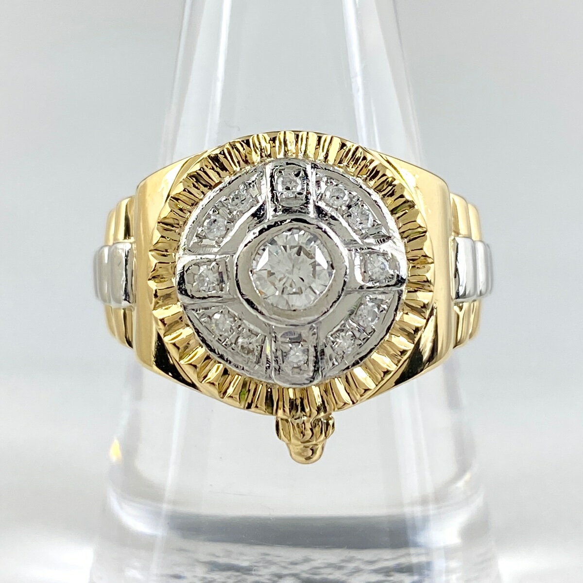 【ラッピング可】 メレダイヤ デザインリング プラチナ YG イエローゴールド 指輪 リング 19.5号 Pt900 K18 ダイヤモンド メンズ 【中古】