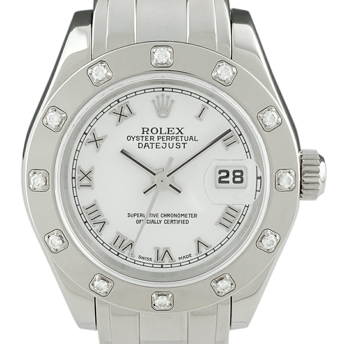 4％OFF 【ラッピング可】 ロレックス ROLEX デイトジャスト パールマスター ホワイト ローマン 12Pダイヤ 80319 腕時計 WG ダイヤモンド 自動巻き ホワイト レディース 【中古】 msp29