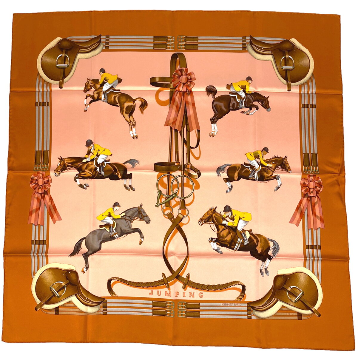 【ラッピング可】エルメス HERMES カレ 90 JUMPING 乗馬 鞍 スカーフ シルク オレンジ マルチカラー レディース 【中古】