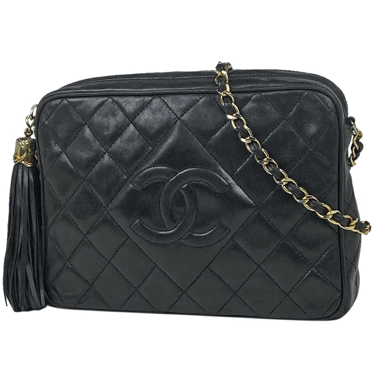 シャネル CHANEL ココマーク フリンジ チェーン ショルダーバッグ タッセル マトラッセ レザー ブラック レディース 【中古】