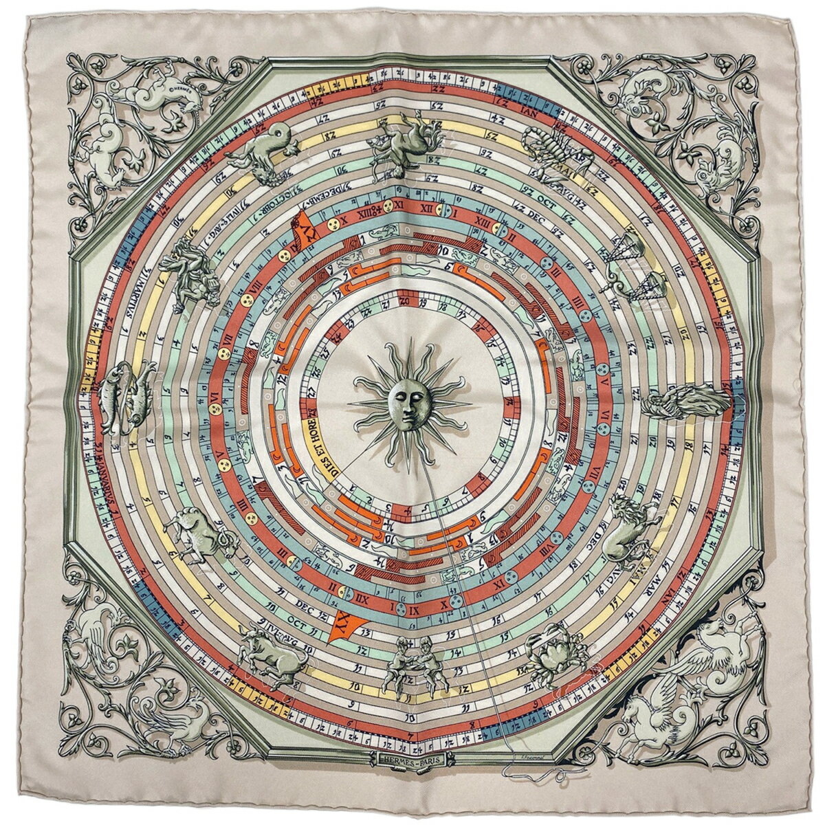 【ラッピング可】エルメス HERMES プチカレ DIES ET HORE 占星術 太陽 スカーフ シルク ベージュ マルチカラー レディース 【中古】のサムネイル