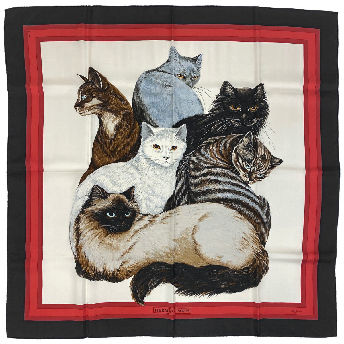 【ラッピング可】エルメス HERMES カレ 90　CAT 猫 スカーフ シルク ブラック レッド マルチカラー レディース 【中古】のサムネイル