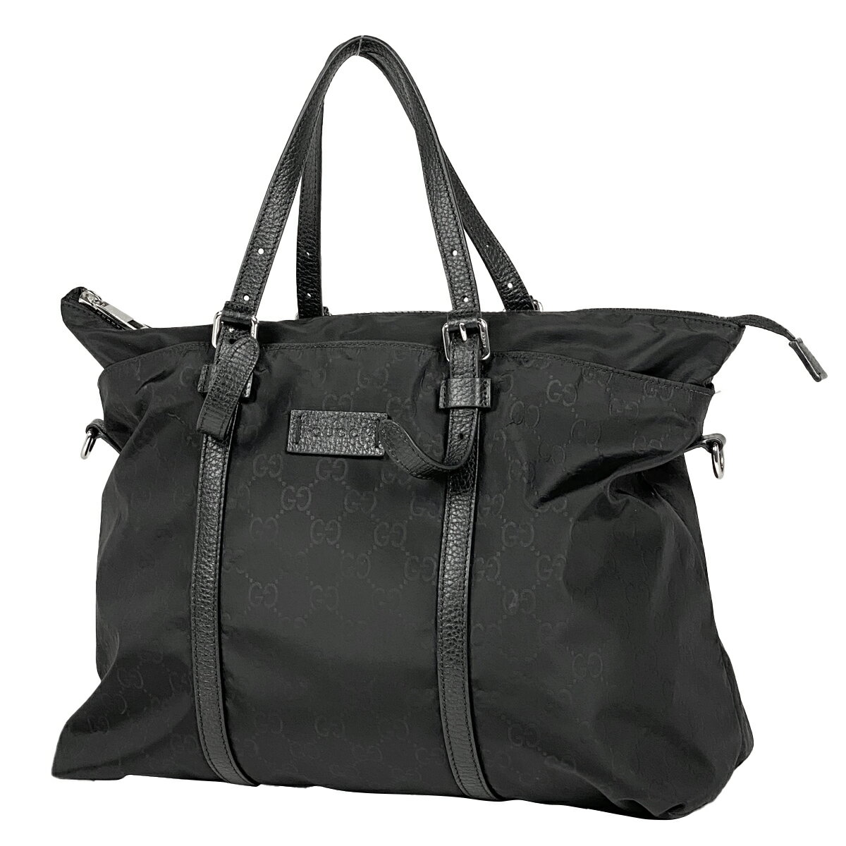 GUCCI グッチ トートバッグ 黒 レザー ナイロン 大容量 シルバー GUCCI グッチ トートバッグ 黒 レザー ナイロン 大容量 シルバー