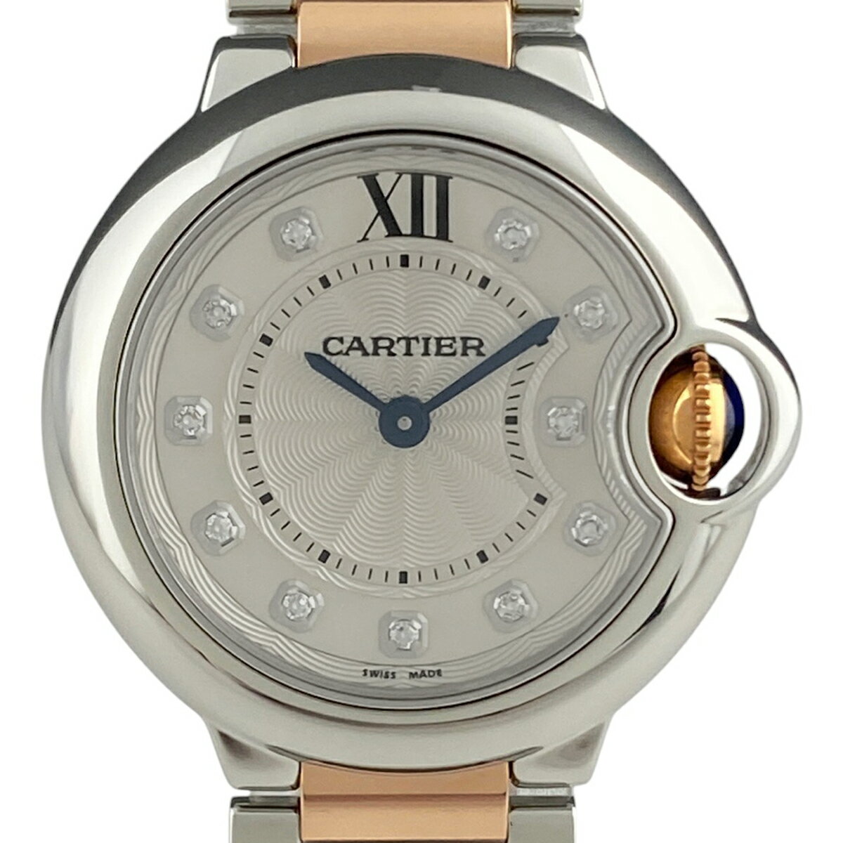 【ラッピング可】 カルティエ CARTIER バロンブルー SM 11Pダイヤ WE902030 腕時計 SS PG クォーツ シルバー レディース 【中古】