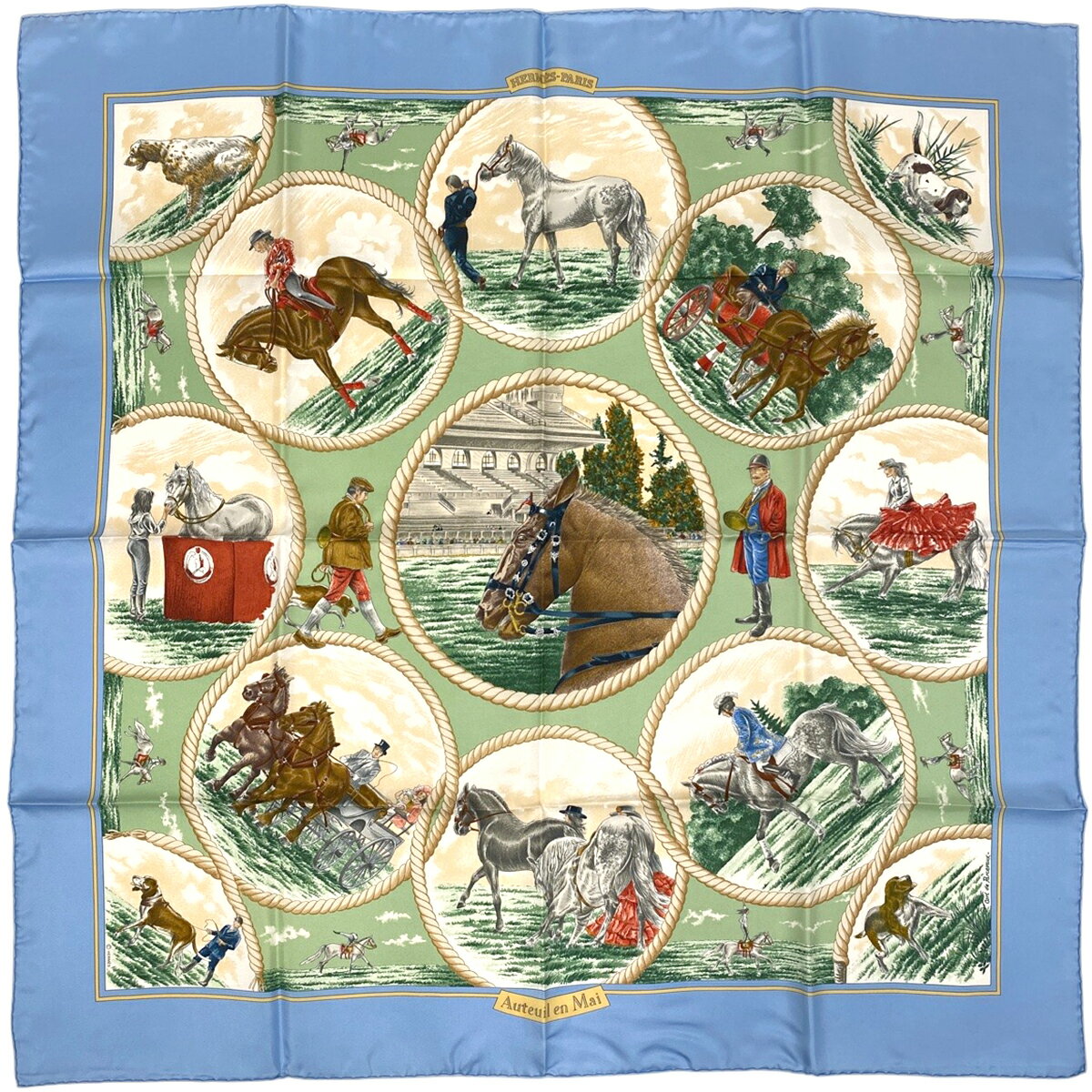 【ラッピング可】エルメス HERMES カレ 90 Auteuil en Mai オートュイユの5月 スカーフ シルク ライトブルー マルチカラー レディース 【中古】