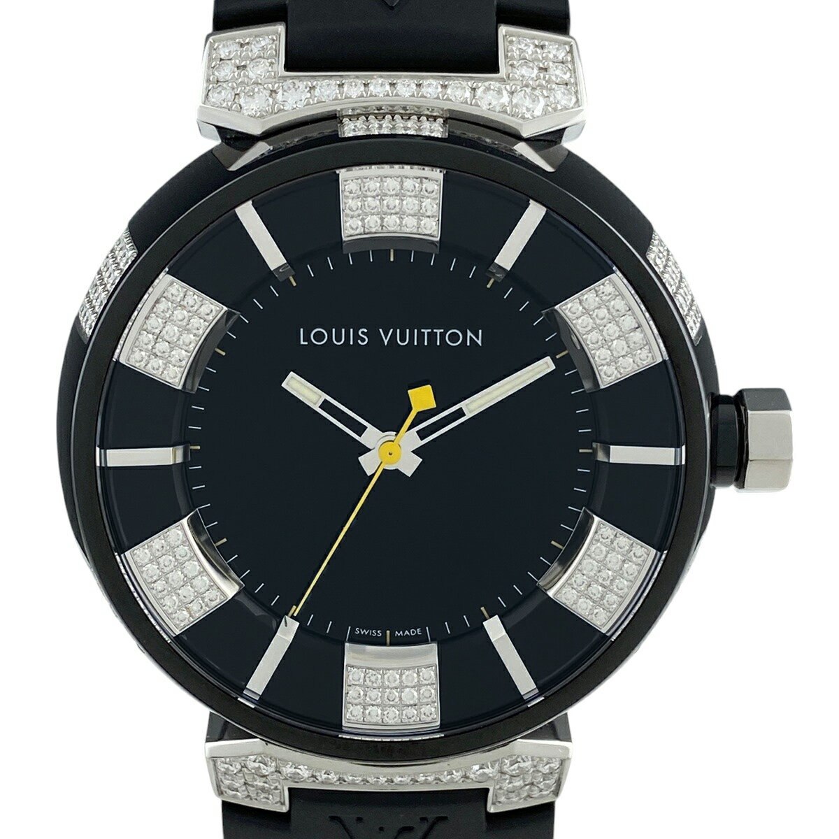 【ラッピング可】 ルイ・ヴィトン Louis Vuitton タンブール インブラック ダイヤ Q111Q 腕時計 SS ラバー ダイヤモンド クォーツ ブラック メンズ 【中古】