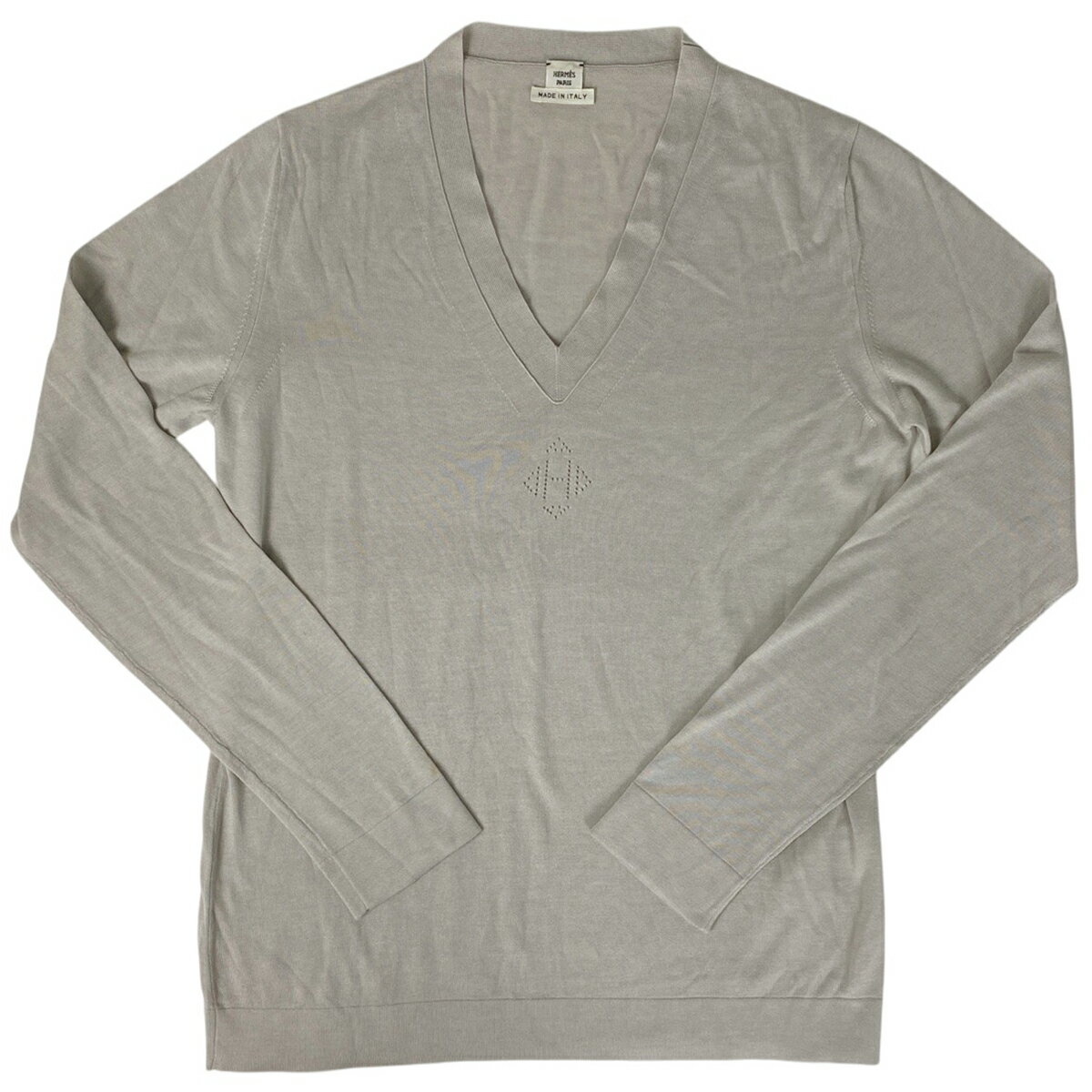 エルメス HERMES ロゴ 長袖セーター ニット Vネック トップス セーター コットン グレー レディース 【..