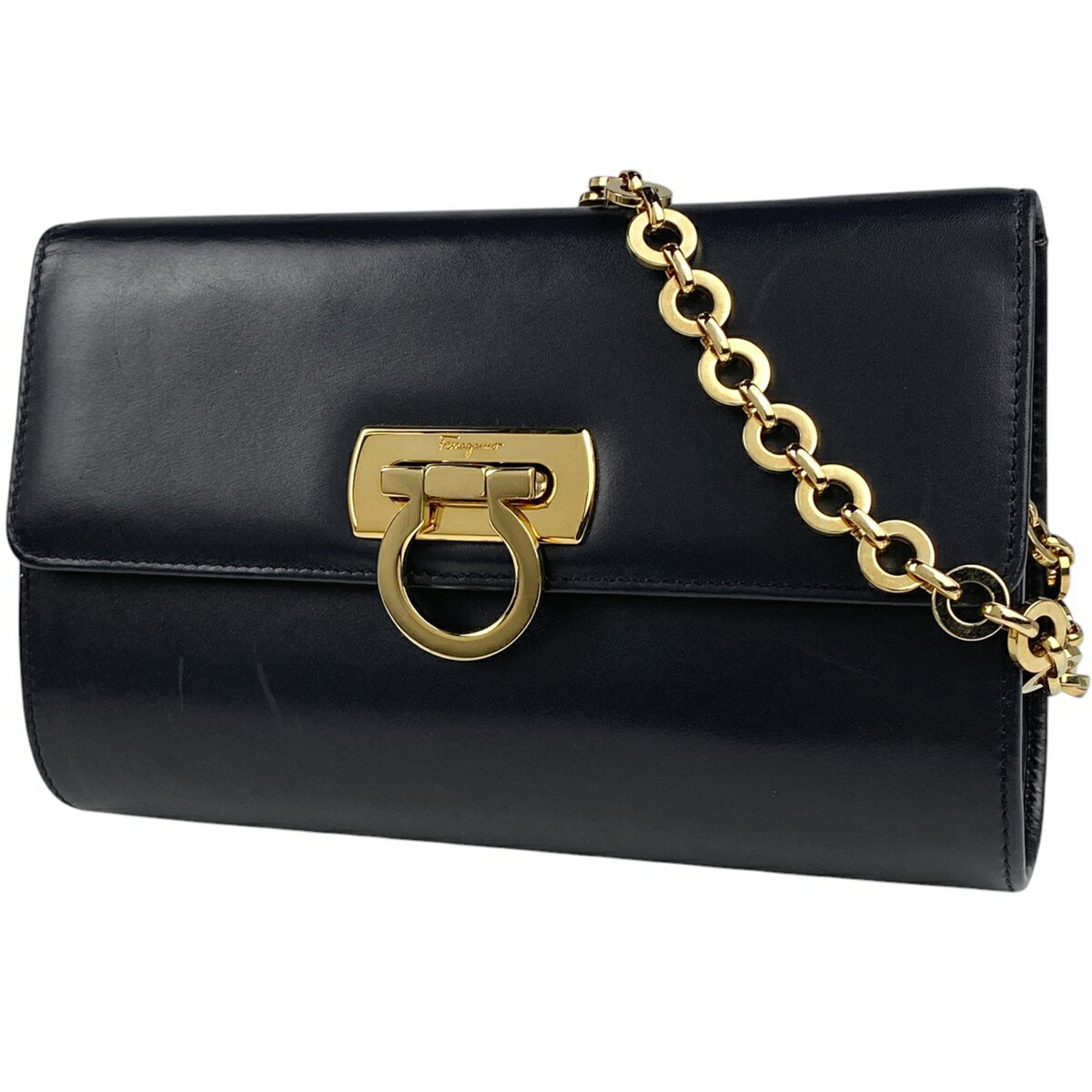サルヴァトーレフェラガモ Salvatore Ferragamo ガンチーニ チェーン ショルダーバッグ 2WAY クラッチバッグ ショルダーバッグ レザー ネイビー 7234 レディース 【中古】