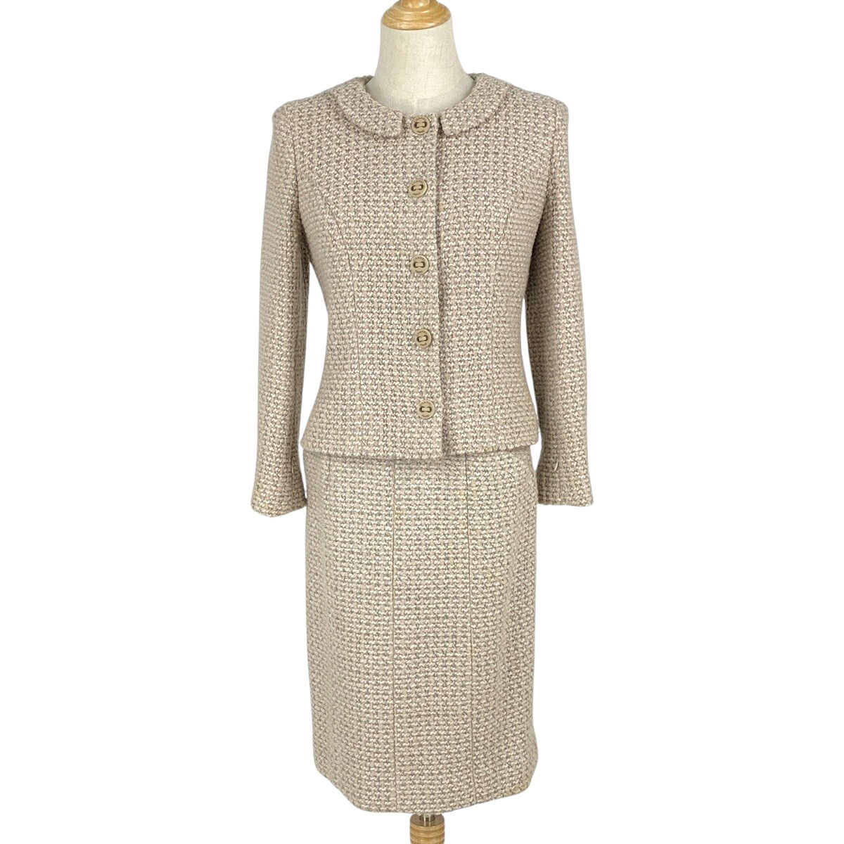シャネル CHANEL ツイード セットアップ P20281 ひざ丈 02A ロゴ セットアップ スカートスーツ ウール シルク ナイロン ベージュ グリーン ...