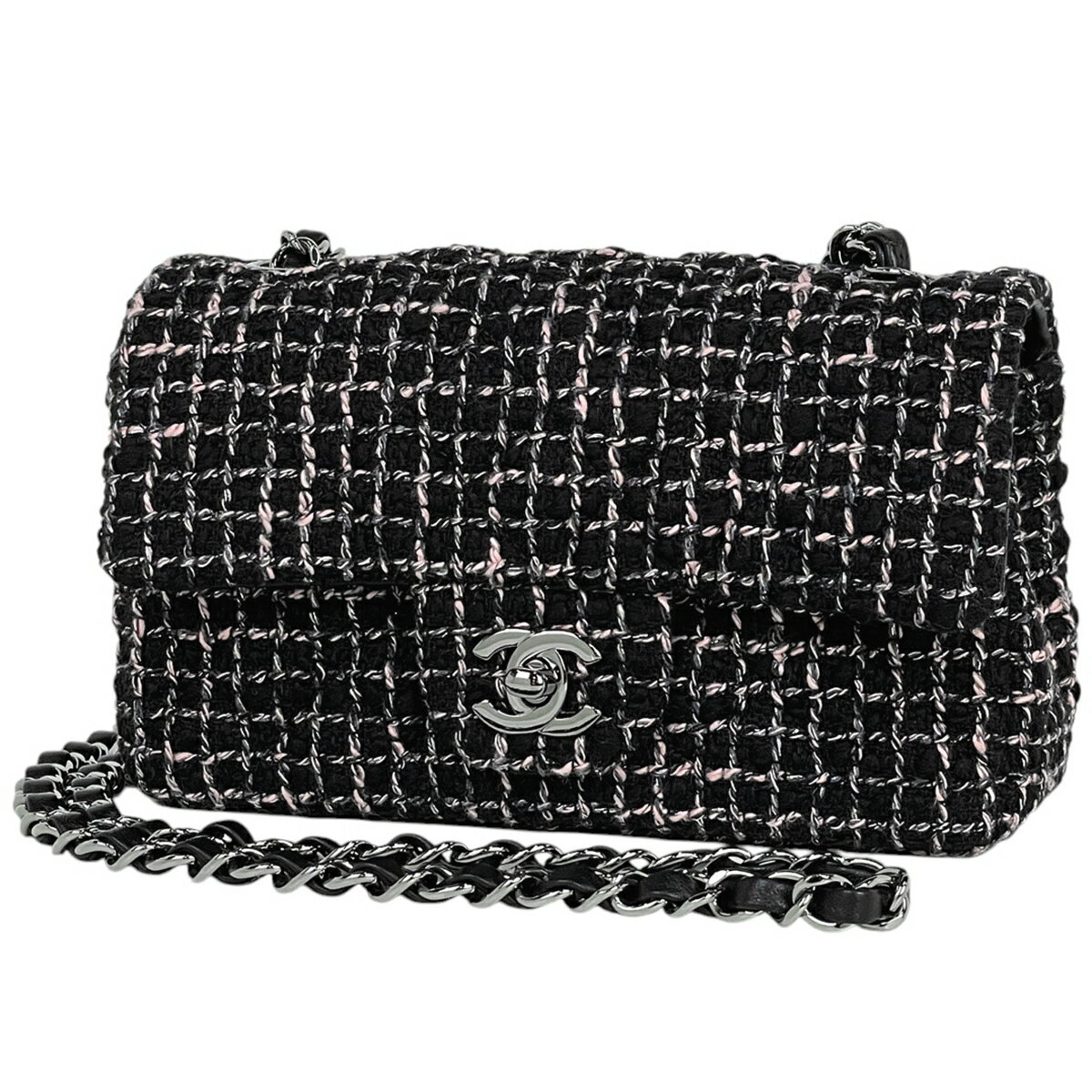 シャネル CHANEL ミニ マトラッセ シングルフラップ チェーン ショルダーバッグ ココマーク ショルダーバッグ ツイード ブラック ピンク レディース 【中古】のサムネイル