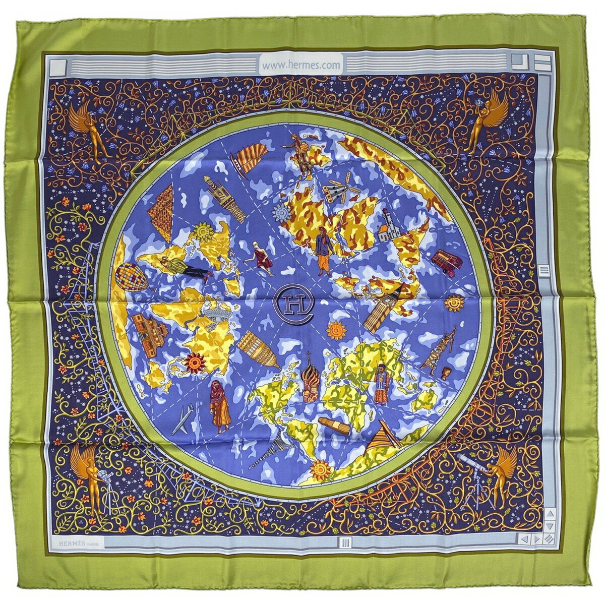 エルメス HERMES カレ 90 www.hermes.com 世界地図 スカーフ シルク グリーン レディース 【中古】 msp29
