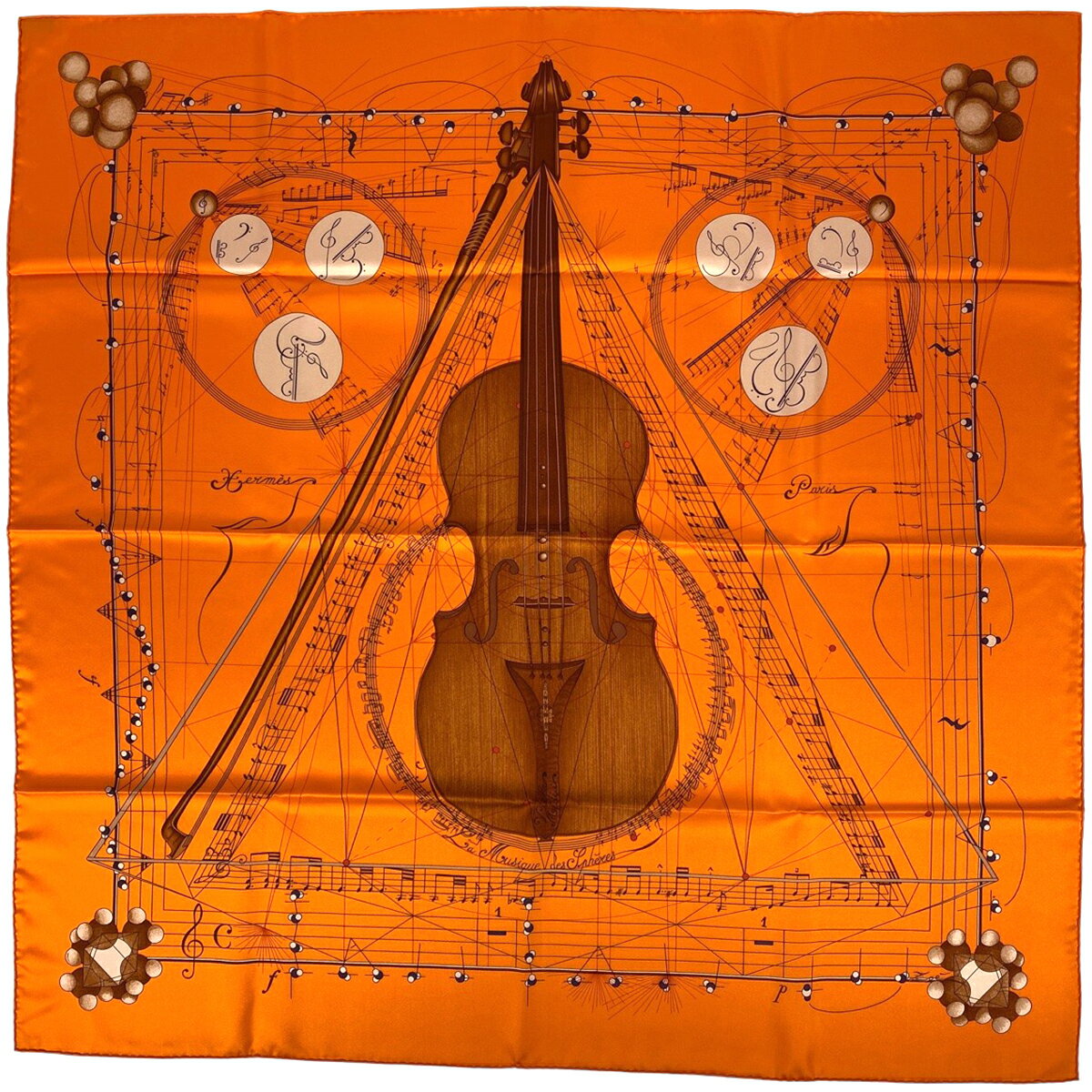 エルメス HERMES カレ 90 La Musique des Spheres 球体が奏でる音楽 スカーフ シルク オレンジ マルチ..