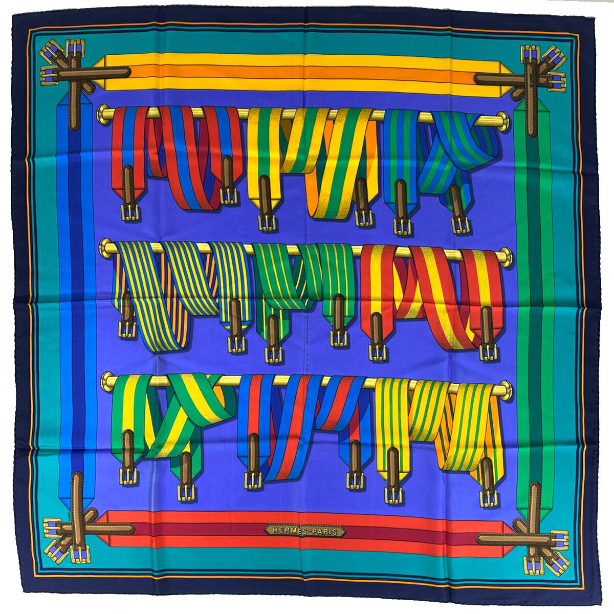 エルメス HERMES カレ 90 J.METS サスペンダー柄 ベルト スカーフ シルク ネイビー マルチカラー レディース 【中古】(4)