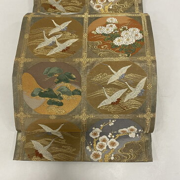 【在庫一掃】 袋帯 美品 秀品 格天井 鶴 金糸 箔 金色 六通 正絹 【中古】