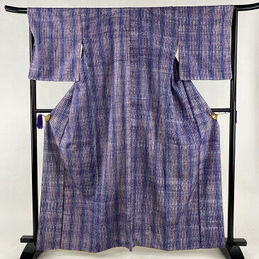 小紋 秀品 紬地 縞 青紫 袷 身丈162cm 裄丈66.5cm M 正絹 【中古】 msp60perk