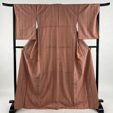 小紋 美品 秀品 紬地 縞 葉 しぼり ピンク 袷 身丈169.5cm 裄丈67cm M 正絹 【中古】