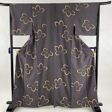 小紋 美品 秀品 桜 草花 茶紫 袷 身丈163cm 裄丈66.5cm M 正絹 【中古】