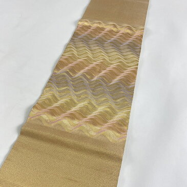袋帯 美品 逸品 リバーシブル よろけ縞 金糸 薄オレンジ お太鼓柄 正絹 【中古】