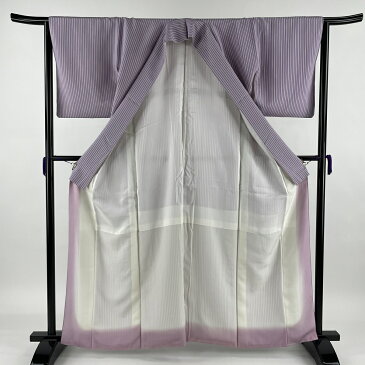 小紋 優品 縦縞 薄紫 袷 161cm 64.5cm M 正絹 【中古】