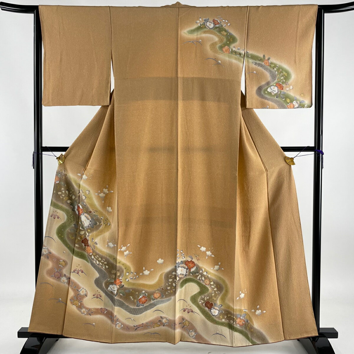 訪問着 美品 秀品 草花 露芝 金彩 ぼかし 薄オレンジ 袷 158.5cm 64cm M 正絹 【中古】