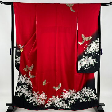 振袖 秀品 桜 蝶 金銀彩 染め分け 赤 袷 162.5cm 63.5cm S 正絹 【中古】