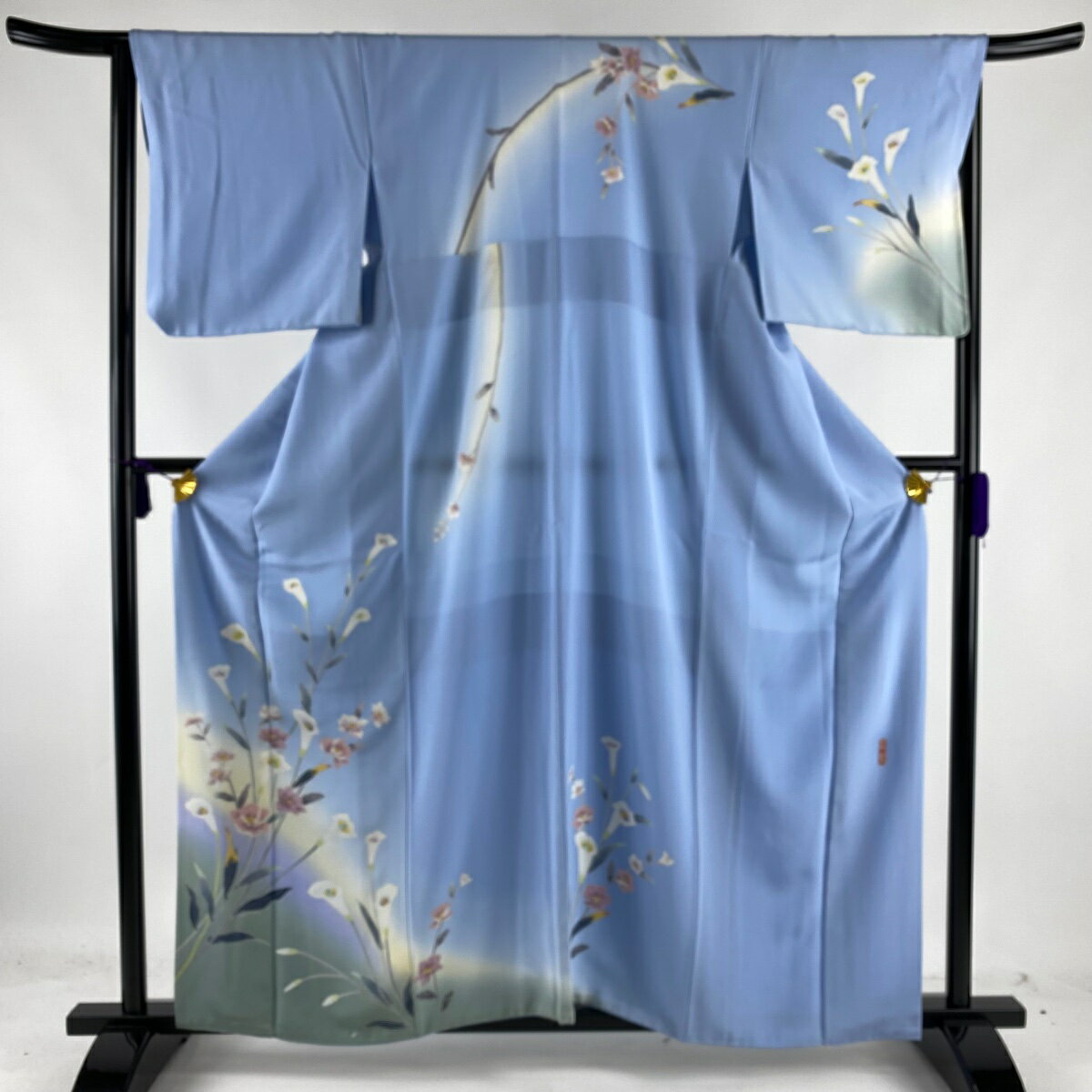 【ポイント10倍】訪問着 逸品 落款あり 草花 ぼかし 水色 袷 身丈160cm 裄丈66.5cm M 正絹 【中古】