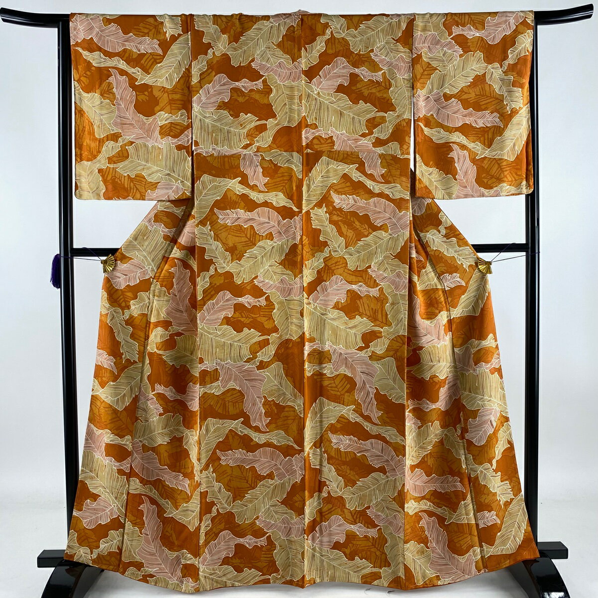 小紋 美品 優品 葉柄 オレンジ 袷 163.5cm 66cm M 正絹 【中古】