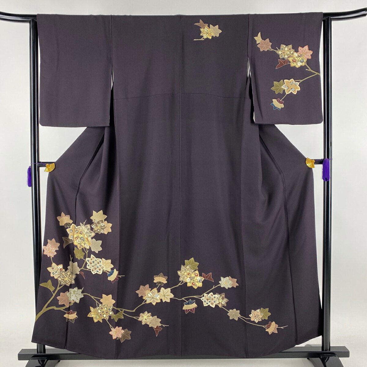 訪問着 美品 名品 楓 金糸 金彩 茶紫 袷 157cm 63.5cm S 正絹 【中古】