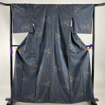 紬 美品 優品 草花 幾何学 紺色 袷 162.5cm 65.5cm M 正絹 【中古】