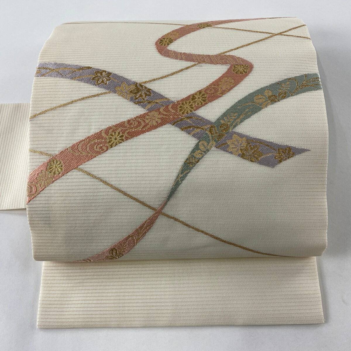 名古屋帯 美品 優品 夏帯 絽 草花 髪帯 金糸 箔 クリーム 正絹 【中古】のサムネイル