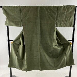 男着物 秀品 紬 アンサンブル 茶緑色 袷 身丈135.5cm 裄丈69cm L 正絹 キャンペーン