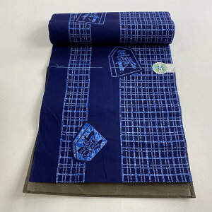 反物 優品 男着物 浴衣 将棋の駒 格子 紺色 綿 バーゲン