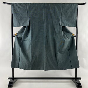男着物 優品 アンサンブル 紬 幾何学 灰緑 袷 身丈143.5cm 裄丈66.5cm M 正絹 安売り