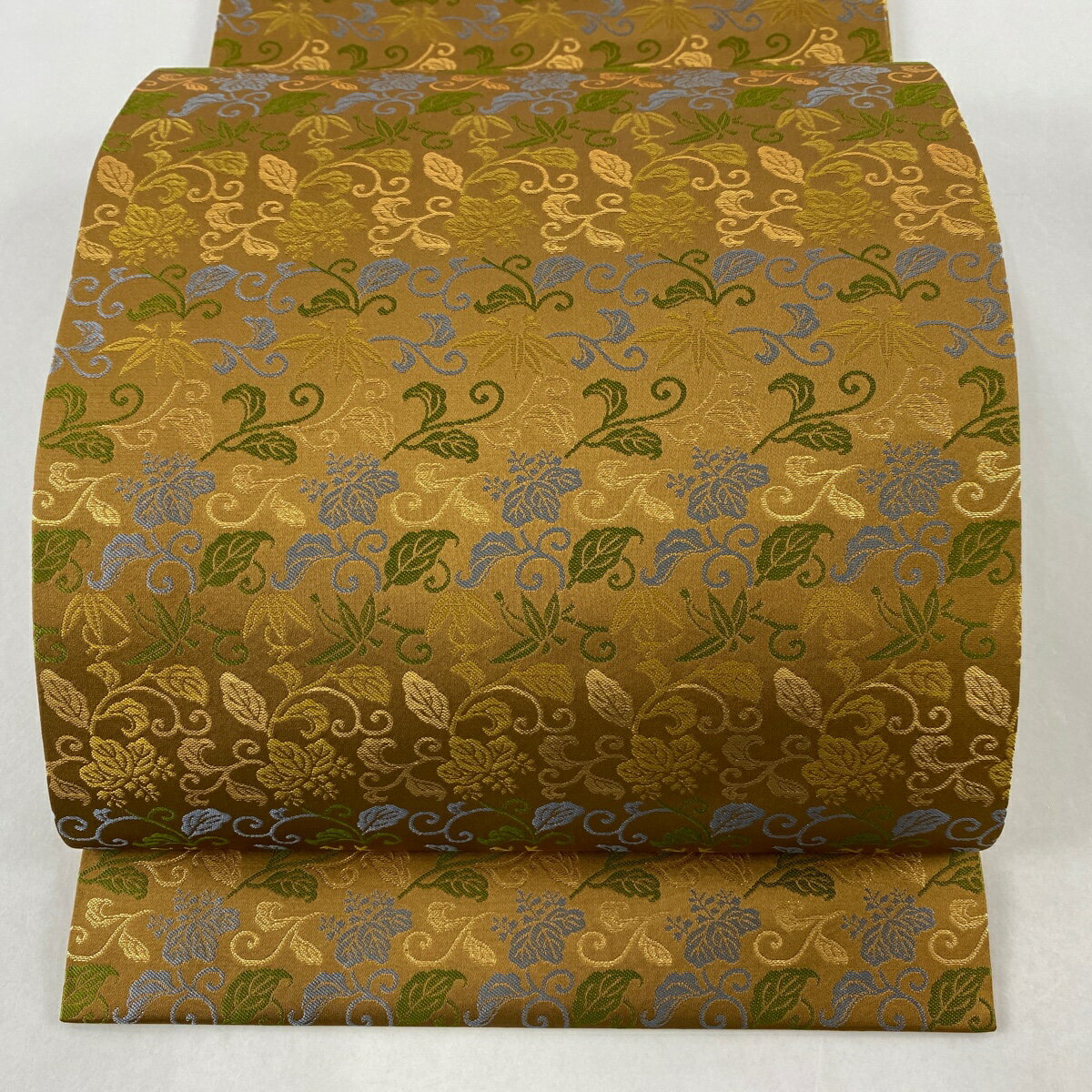 70％OFF 開き名古屋帯 美品 逸品 龍村晋 花唐草 段縞模様 箔 山吹茶色 正絹 【中古】 msp70のサムネイル