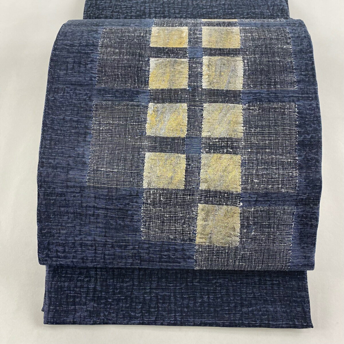 袋帯 美品 名品 幾何学模様 金銀彩 藍色 お太鼓柄 正絹 【中古】のサムネイル