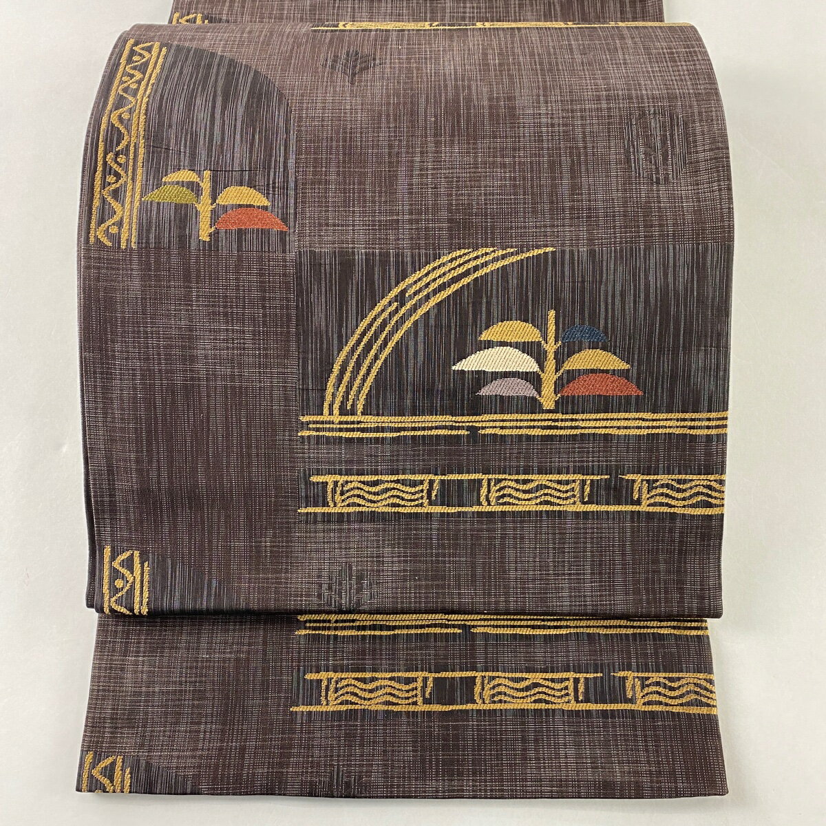 30％OFF 袋帯 美品 秀品 落款あり 葉柄 幾何学模様 茶紫 六通 正絹 【中古】 msp30のサムネイル