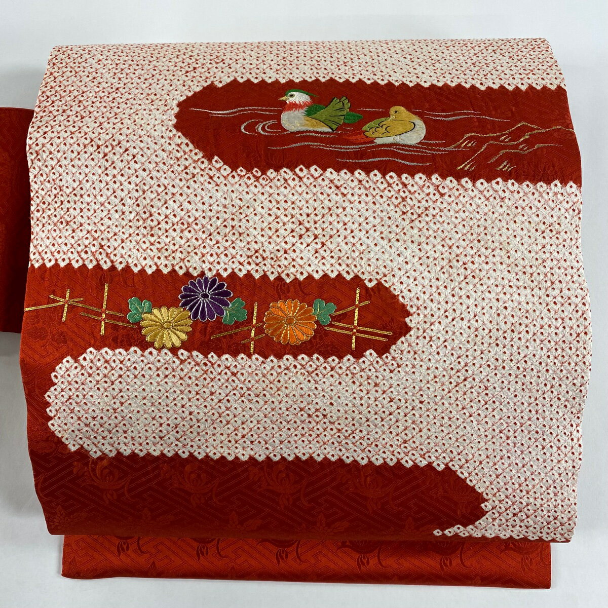 50％OFF 名古屋帯 美品 優品 鴛鴦 菊 金糸 絞り 朱色 正絹 【中古】 msp50のサムネイル