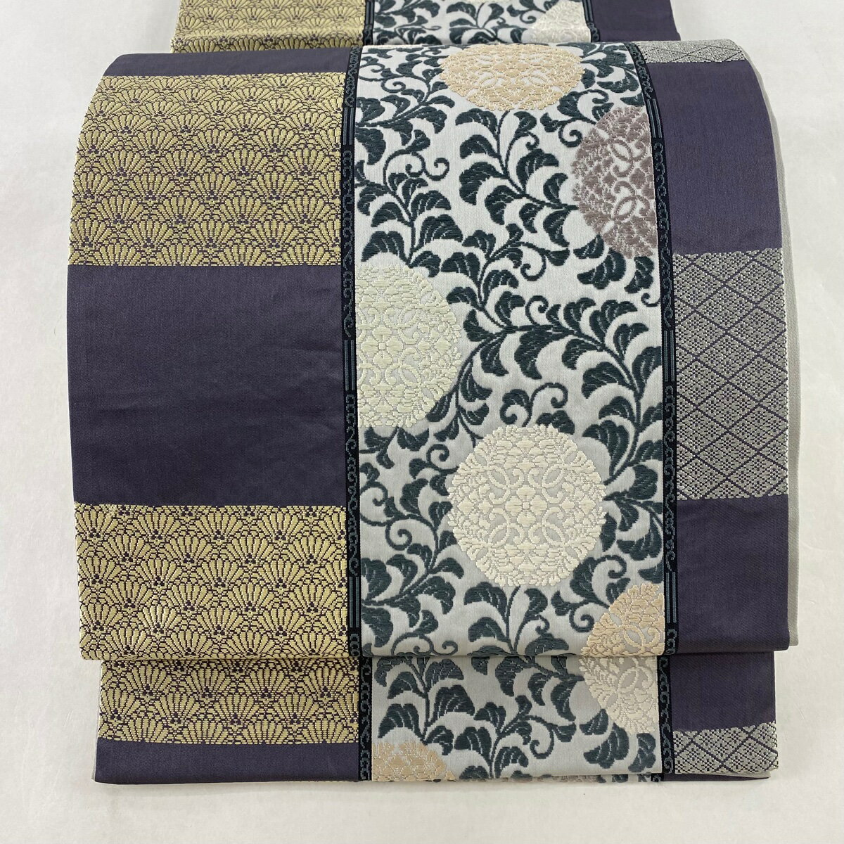 50％OFF 袋帯 秀品 浮線綾文 唐草 灰紫 六通 正絹 【中古】 msp50のサムネイル
