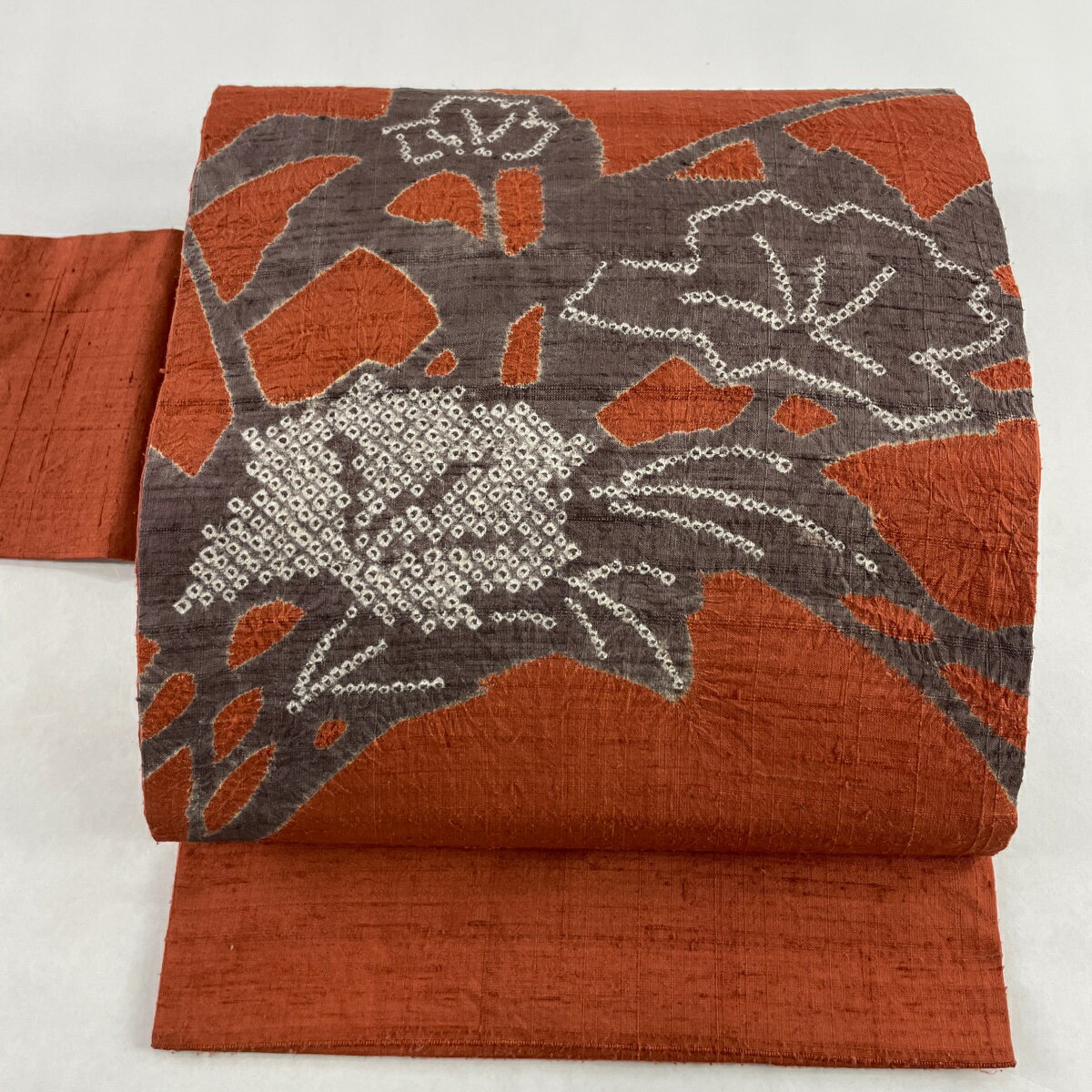 50％OFF 名古屋帯 美品 優品 紬地 草花 絞り 朱色 正絹 【中古】 msp50のサムネイル