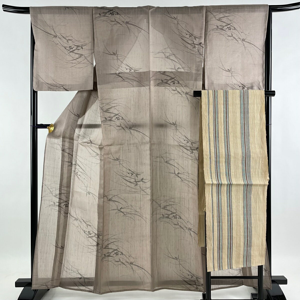 小紋 美品 秀品 名古屋帯セット 夏紬地 草花 薄小豆 薄物 身丈161.5cm 裄丈65cm M 正絹 【中古】のサムネイル