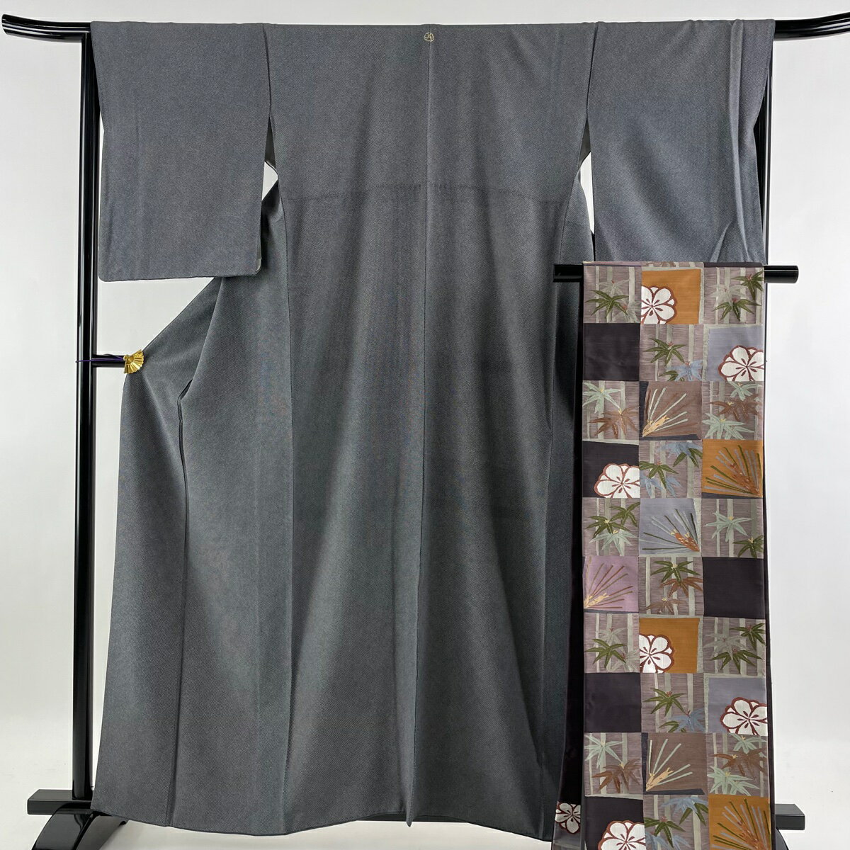 江戸小紋 美品 秀品 袋帯セット 一つ紋 行儀 黒灰 袷 身丈160.5cm 裄丈65.5cm M 正絹 【中古】のサムネイル