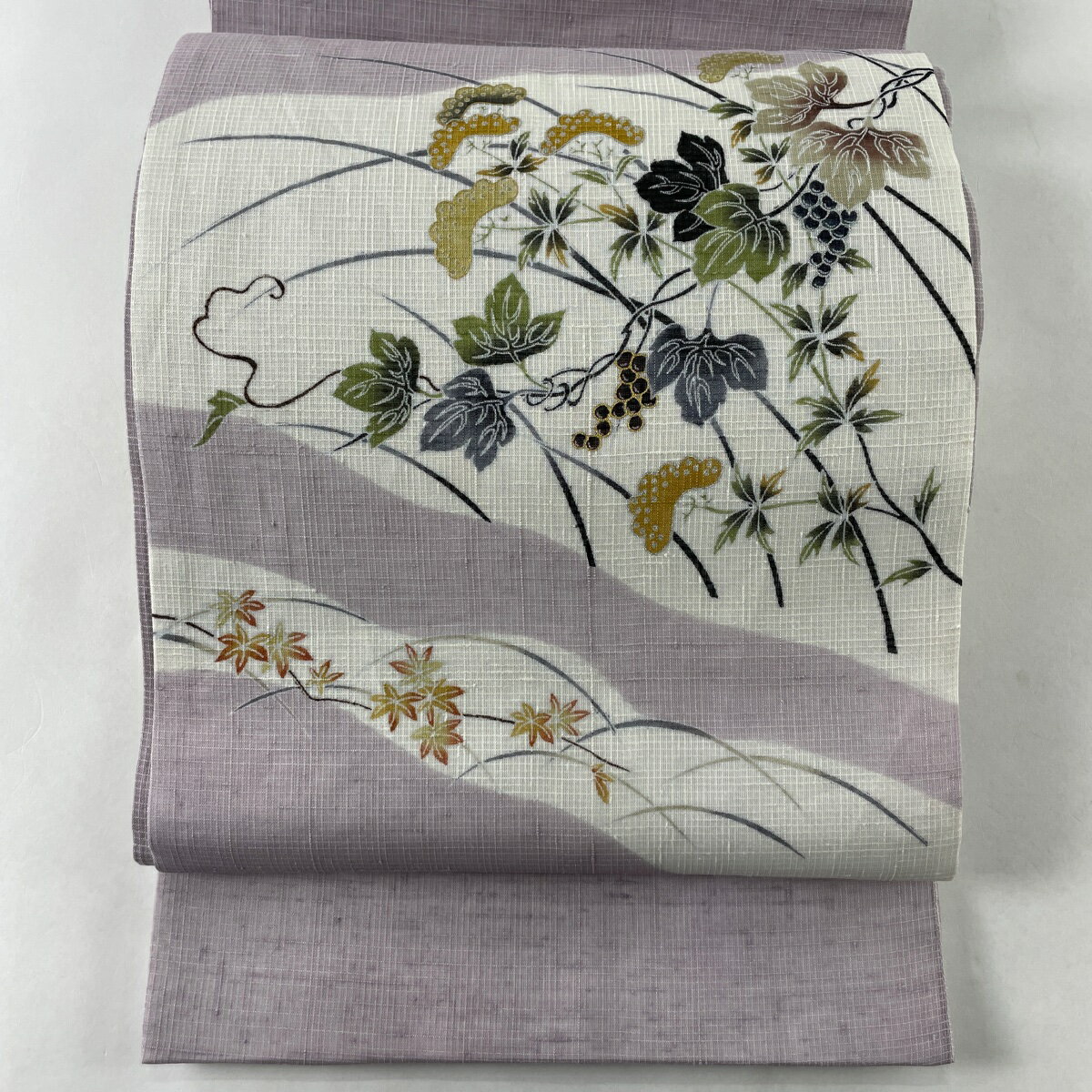 袋帯 美品 秀品 夏帯 紬地 葡萄 芝 金銀彩 灰紫 お太鼓柄 正絹 【中古】のサムネイル
